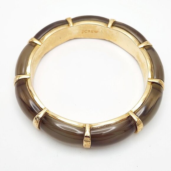 J. Crew Smoky Taupe Lucite Acrylic Heavy Quality Gold Tone Bangle Bracelet - Picture 2 of 6